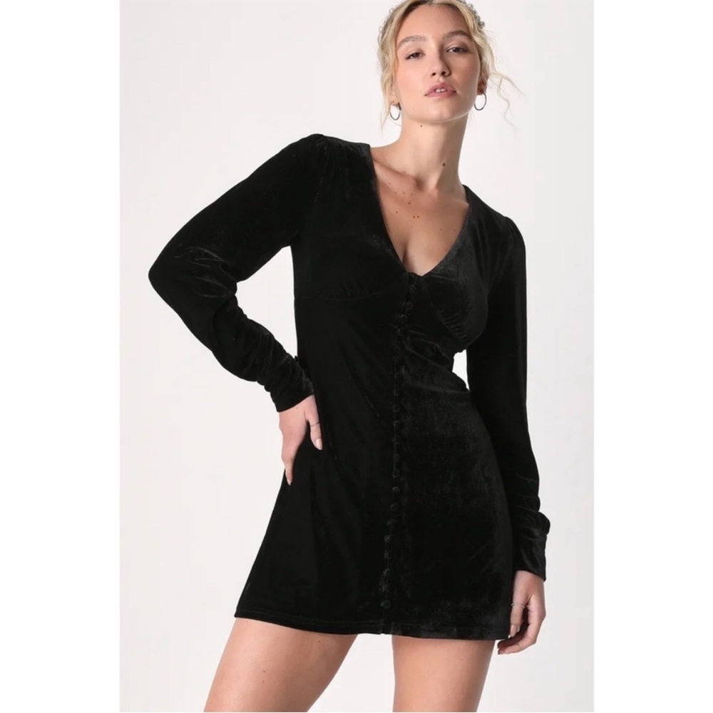 Lulus Black Velvet Long Sleeve Button Front Mini Dress Goth Witchy S Small NWT